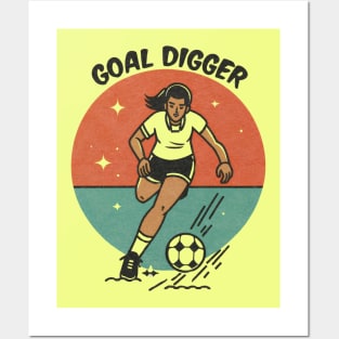 Funny Minimalist Vintage Girl Kicking Football 'Goal Digger' Illustration Posters and Art